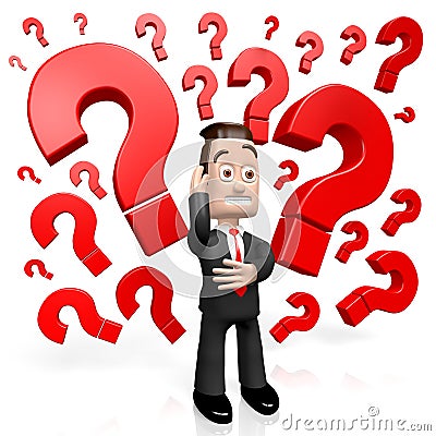 3D businessman, question marks Stock Photo