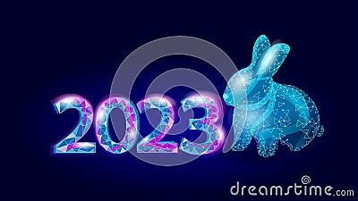 3D rabbit 2023 zodiac year sign concept. Chinese New Year holiday card. Low poly hare blue element background vector Vector Illustration