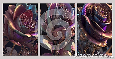 3d rainbow metallic color rose flowers, intricate, fractal wallpaper canvas art Stock Photo