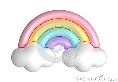 3d rainbows in candy pastel color purple, blue, yellow, pink. Cute plastic rainbow with clouds. 3d rendering spring Cartoon Illustration