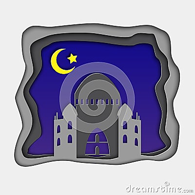 3d Ramadan greeting card with crescent in deep blue night sky and mosque. Arabic ornament. Ramadan Kareem festival Vector Illustration