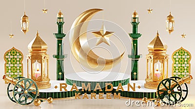 3d Ramadan Kareem podium with golden moon star and lantern, mosque door islamic pattern, arabic coffee pot, date palm fruit, Stock Photo
