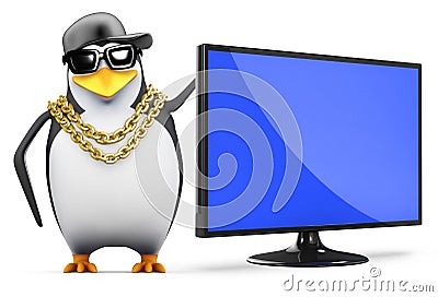 3d Rapper penguin has a new television monitor Stock Photo