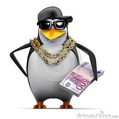 3d Rapper penguin holds Euro notes Stock Photo