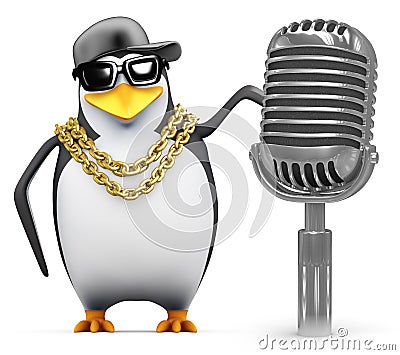 3d Rapper penguin with retro radio mic Stock Photo