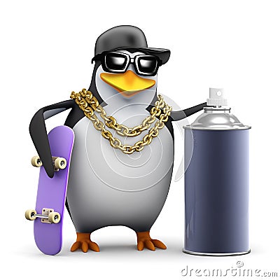 3d Rapper penguin with skateboard and paint Stock Photo