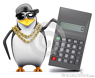 3d Rapper penguin uses a calculator Stock Photo