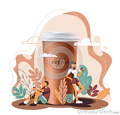 3D realism and flat design, a great Cup of coffee and people drink coffee Vector Illustration