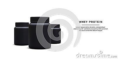 3d realistic banner for sports nutrition for bodybuilders. Whey protein. Sports nutrition containers. Protein powder for fitness. Cartoon Illustration