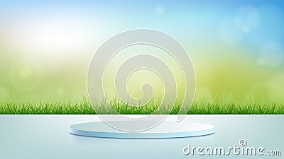 3D realistic blue podium pedestal stand with green grass Vector Illustration