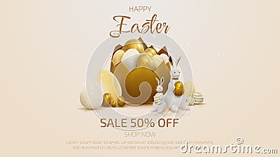 3d realistic bunny with gold easter egg elements. Banner template design Vector Illustration