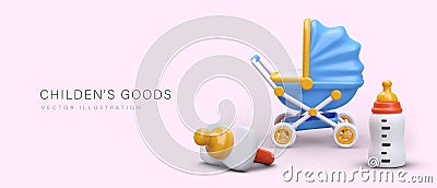 3d realistic children goods concept. Newborn baby feeding bottle, baby orthodontic pacifier Vector Illustration