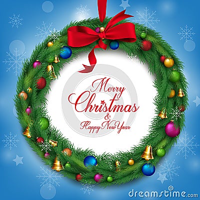 3D Realistic Christmas Wreath or Garland with Ribbon Vector Illustration