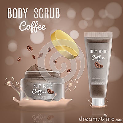 3d Realistic Coffee Body Scrub Cosmetic Package Vector Illustration