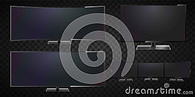 Realistic 3d collection of different screens. Widescreen TV, empty LCD display. Vector mocap isolated on transparent Vector Illustration