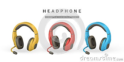 3d realistic colour headphone in plastic cartoon style. Vector illustration Vector Illustration