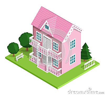 3d realistic detailed isometric pink house icon with trees, bench and fence. Vector illustration isolated on white. Vector Illustration