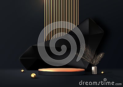 3D realistic elegant black and gold cylinder podium stand with black stone backdrop decoration golden ball Vector Illustration