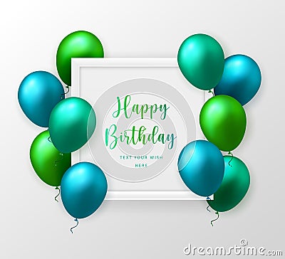 3D realistic emerald green blue ballon and frame Happy Birthday celebration card banner template background Vector Illustration