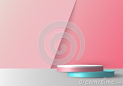 3D realistic empty pink, blue and white round pedestal mockup overlapped on soft pink backdrop Vector Illustration