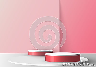 3D realistic empty red and white round pedestal mockup on soft pink backdrop Vector Illustration