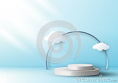 3D realistic empty white round pedestal mockup with cloud paper cut on blue sky background Vector Illustration