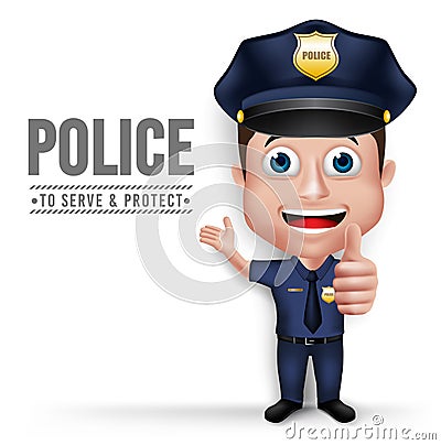 3D Realistic Friendly Police Man Character Policeman Vector Illustration