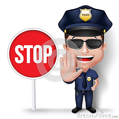 3D Realistic Friendly Police Man Character Policeman Vector Illustration