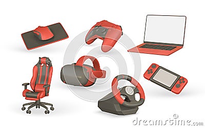 3d realistic gamer accessories and equipment set. VR glasses, laptop, steering wheel, game pad, headphones. Vector illustration Vector Illustration