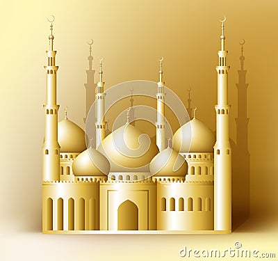 3d Realistic Golden Detailed Mosque or Masjid Vector Illustration