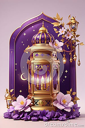 3D Realistic golden Ramadan lantern with arabic jasmins,isolated on Islamic moonlight purple sparkle background. Cartoon Illustration