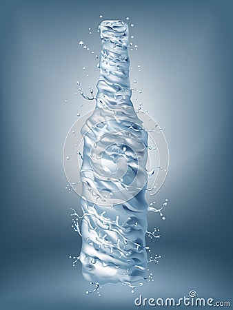 3d realistic illustration of pure water swirling around the bottle, advertising of alcohol, mockup of container. Cartoon Illustration
