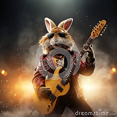 3d realistic illustration of a rockabilly bunny with sunglasses playing an electric guitar. Cartoon Illustration