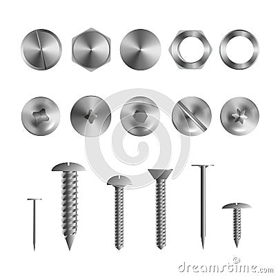 3d realistic illustration of stainless steel bolts, nails and screws on white background Vector Illustration
