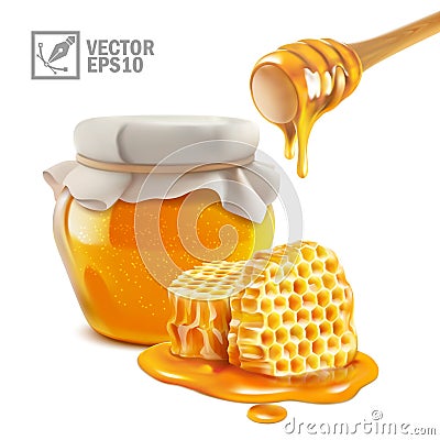 3d realistic isolated vector honey jar and stick with liquid honey flowing on honeycomb pieces in a puddle Vector Illustration