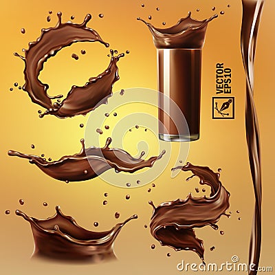 3D realistic isolated vector set, different splashes of chocolate, cocoa or coffee, a transparent glass with a splash, a flowing Stock Photo