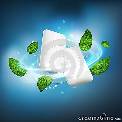 3D realistic isolated vector vortex of mint leaves around a white chewing gum pellets Vector Illustration