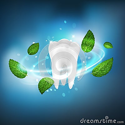 3D realistic isolated vector vortex of mint leaves around a white tooth Vector Illustration