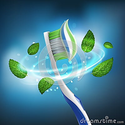 3D realistic isolated vector whirlwind of mint leaves around a toothbrush with extruded paste Vector Illustration