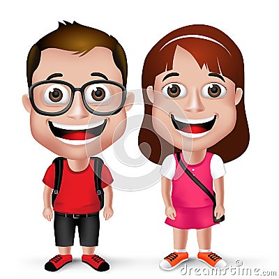 3D Realistic Kids School Boy and Girl Student Wearing Vector Illustration