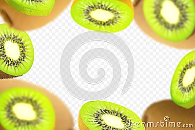 3D realistic kiwi background. Ripe kiwi fruit in motion. Flying defocusing kiwi fruits. Falling kiwi are whole and cut in half. Vector Illustration