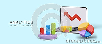 3d realistic laptop, histogram, pie chart and red arrow Vector Illustration