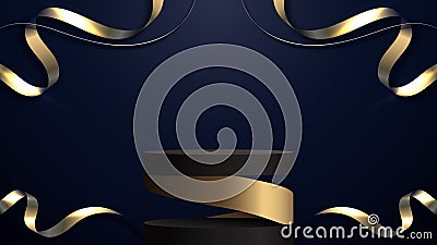 3D realistic luxury modern black cylinder podium stand spiral gold with abstract elegant golden ribbon wave twist lines and Vector Illustration