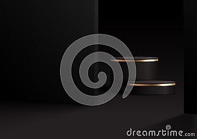 3D realistic luxury modern black and gold cylinder podium stand minimal wall scene dark background Vector Illustration