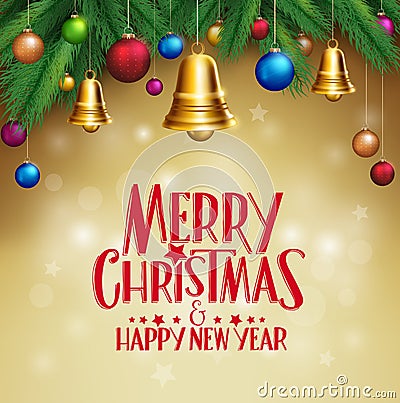 3D Realistic Merry Christmas Bells Hanging Vector Illustration