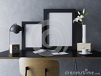 realistic mock up of two blank poster template in black polished frame in black cozy office workspace interior in standing Stock Photo