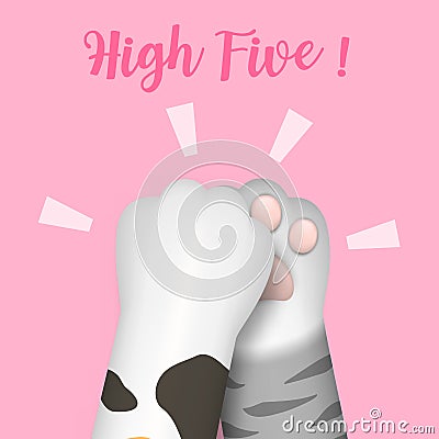 3D realistic multi-colored cat paws legs dog paws kitten footprint do high-five isolated on pink background. Cartoon Illustration