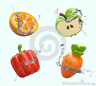 3d realistic orange, green tasty apple, carrot and bell pepper with splash of crystal water Vector Illustration