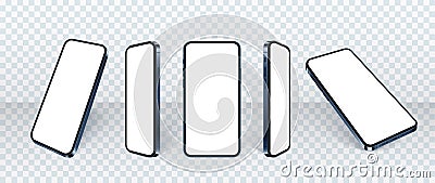 3d Realistic phone mockup, set of different angles mobile smartphone isolate in front of the wall. Blank screens for Vector Illustration