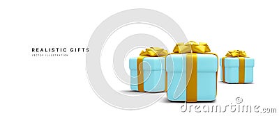 3d realistic pile blue gifts boxes with gold ribbon. Decorative festive objects. New Year and Christmas design banner. Vector Cartoon Illustration